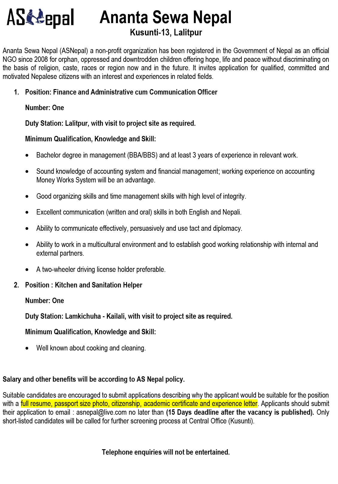 Vacancy Announcement at Ananta Sewa Nepal