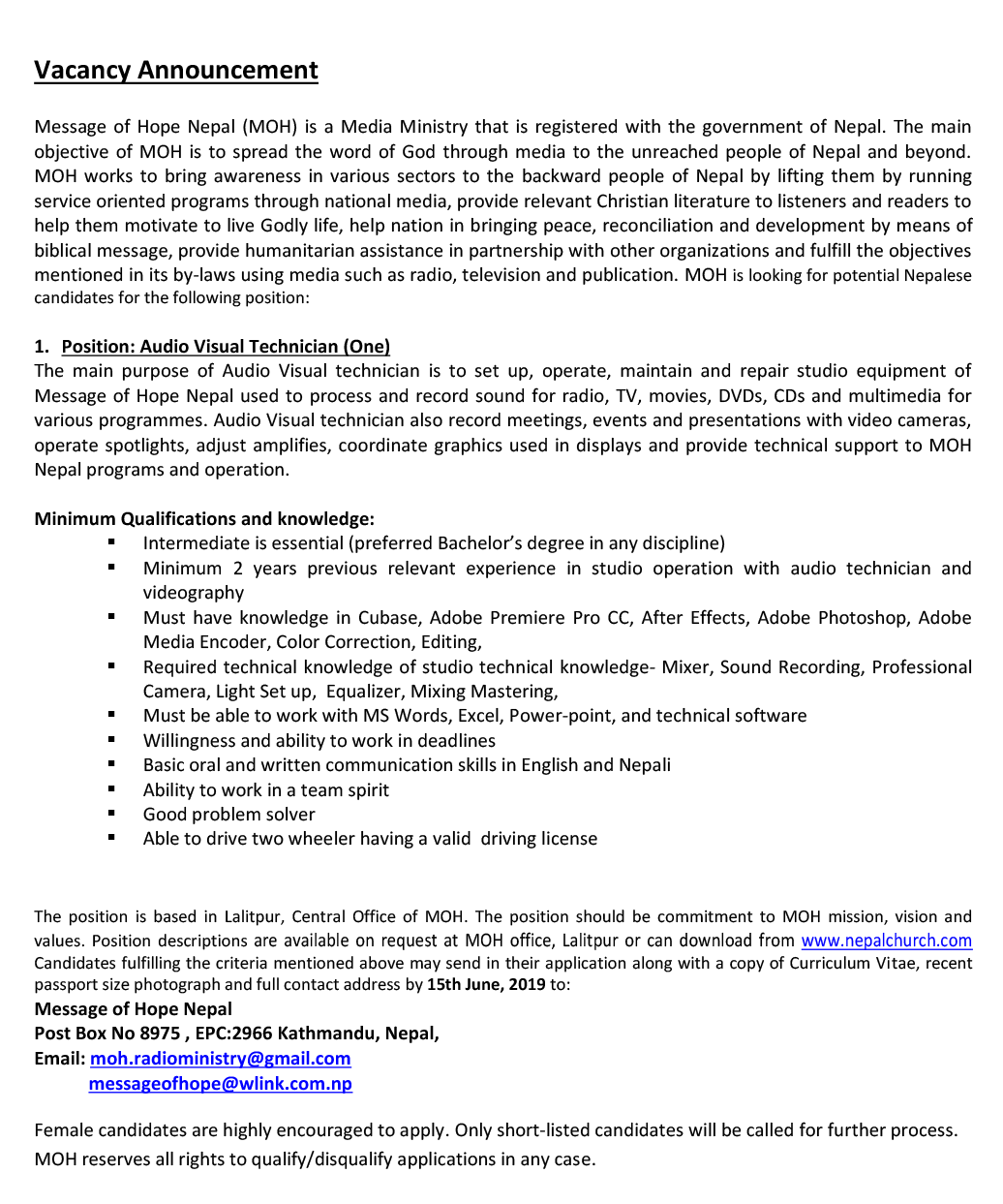 Vacancy Announcement at Message of Hope Nepal