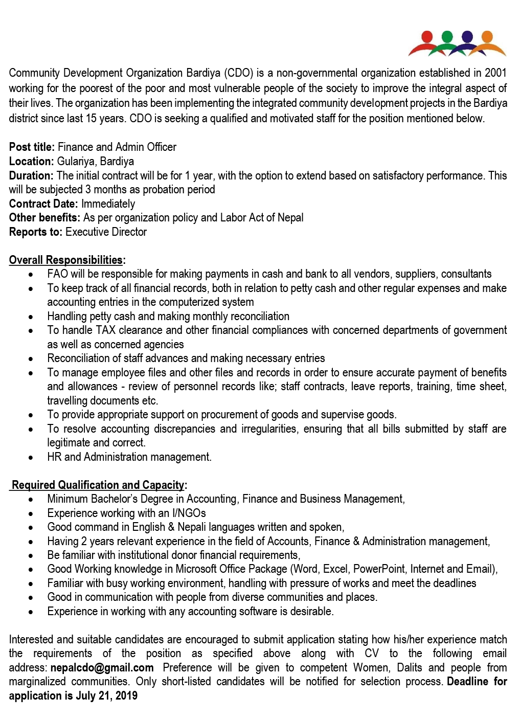 Vacancy announcement at Community Development Organization