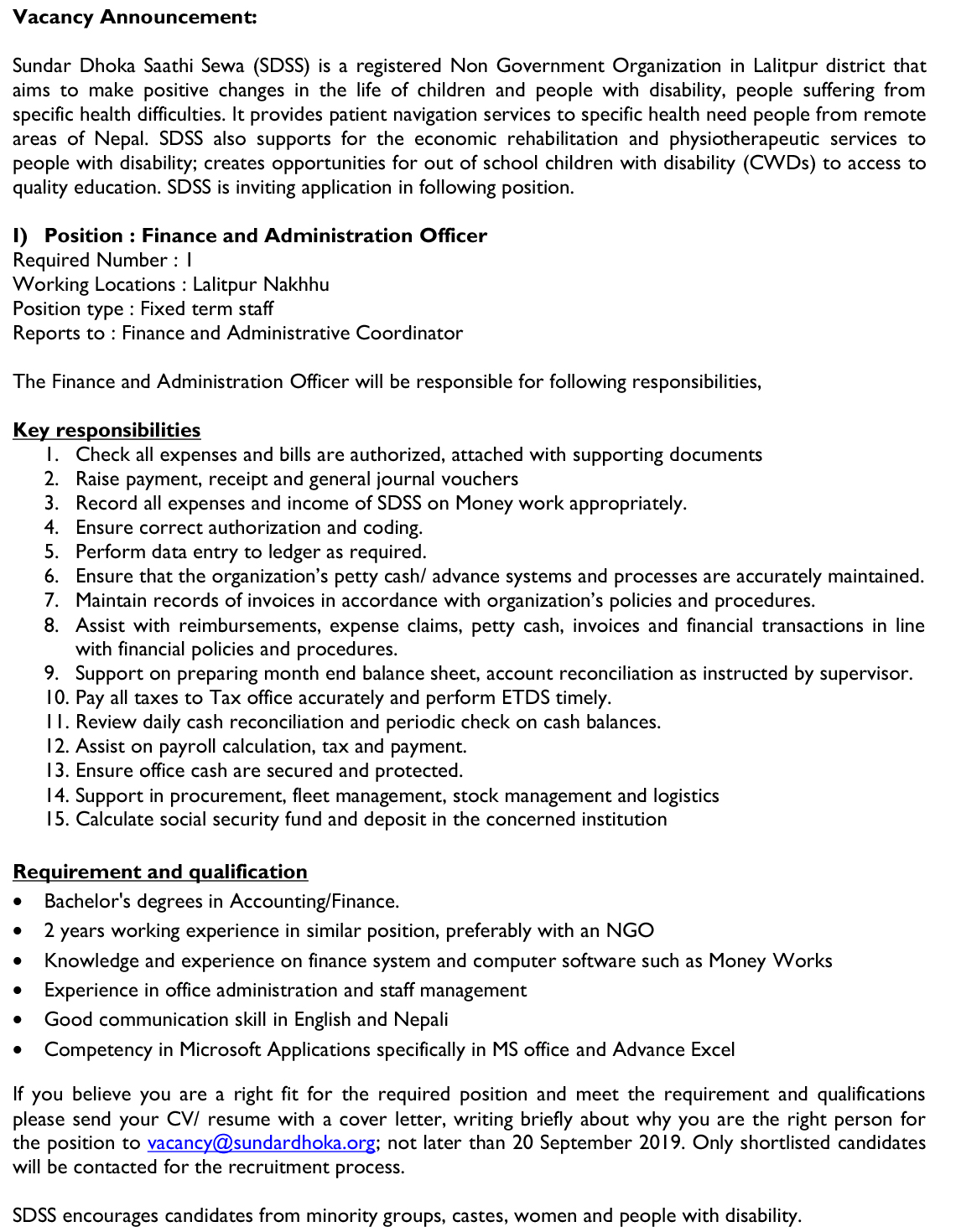 Vacancy Announcement at Sundar Dhoka Saathi Sewa