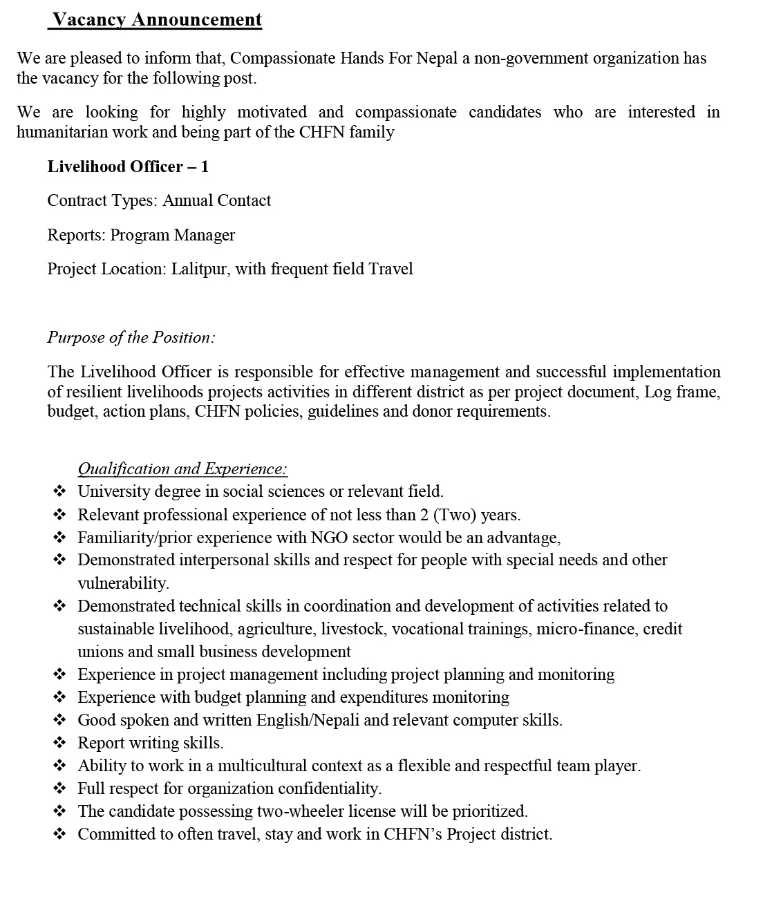 Vacancy Announcement at Compassionate Hands for Nepal