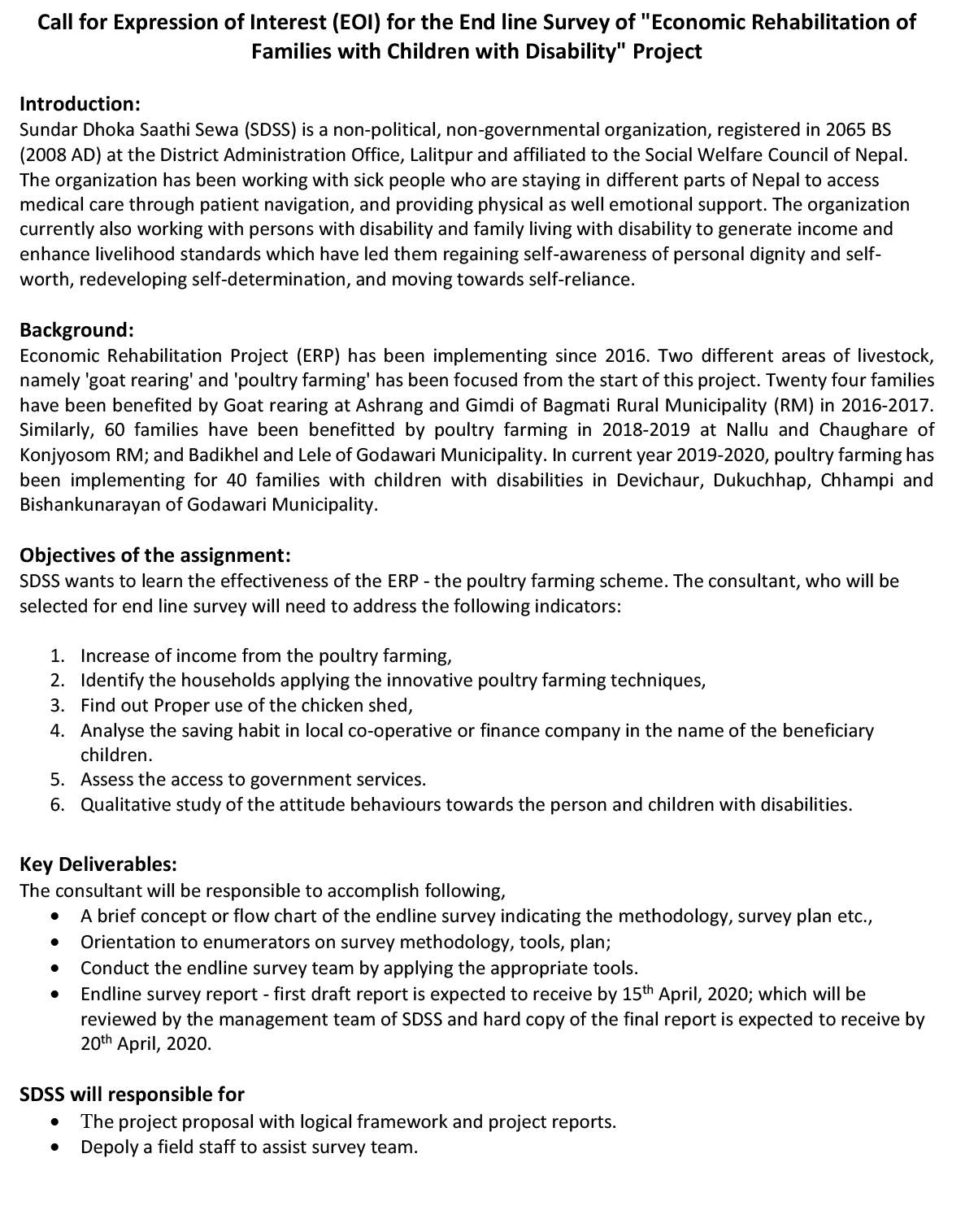 Call for Expression of Interest (EOI) for the End line Survey of “Economic Rehabilitation of  Families with Children with Disability” Project