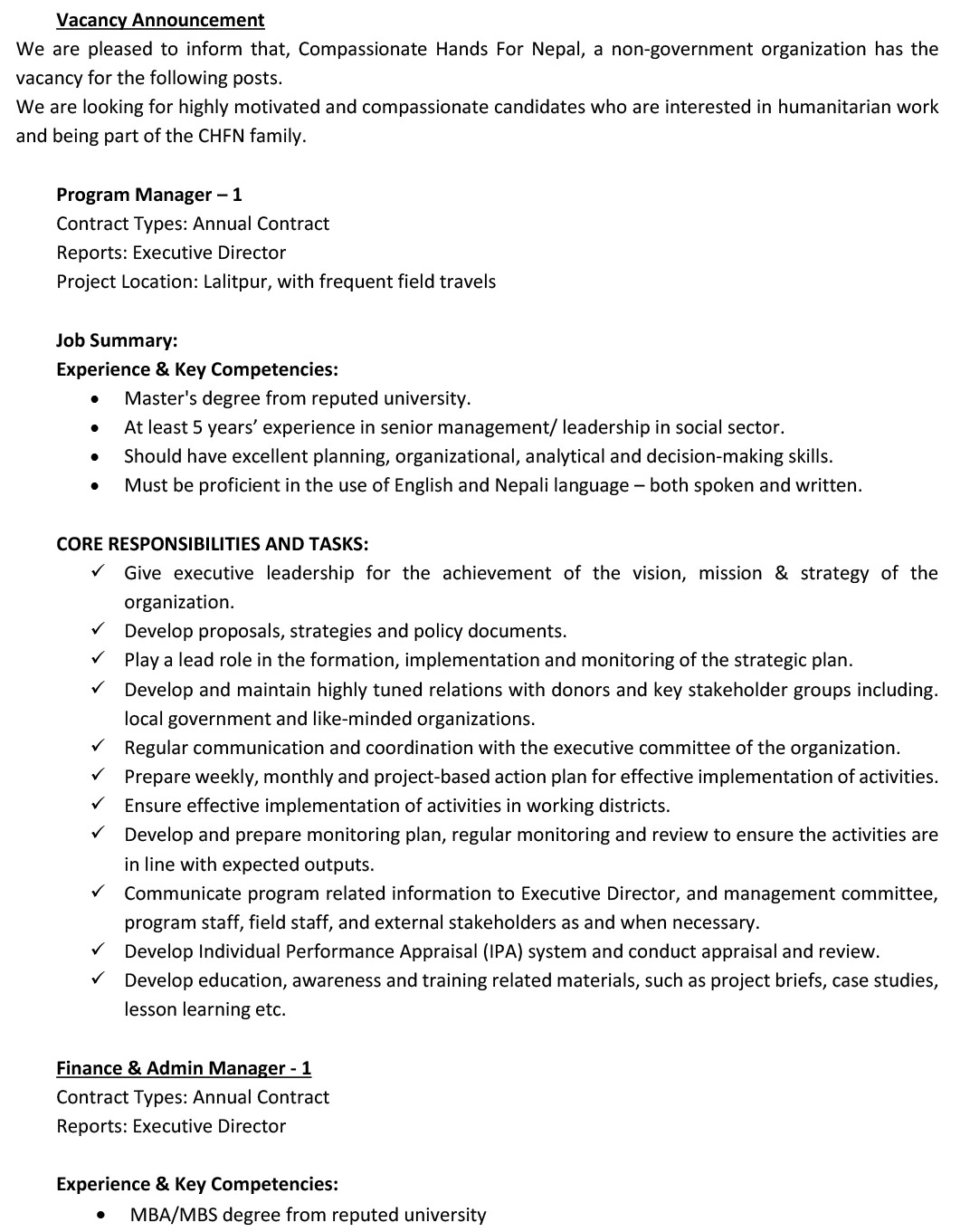 Vacancy announcement at Compassionate Hands for Nepal